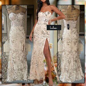 Lulus Confident Sensation Gold Sequin Strapless Bustier Maxi Dress Size L NWT